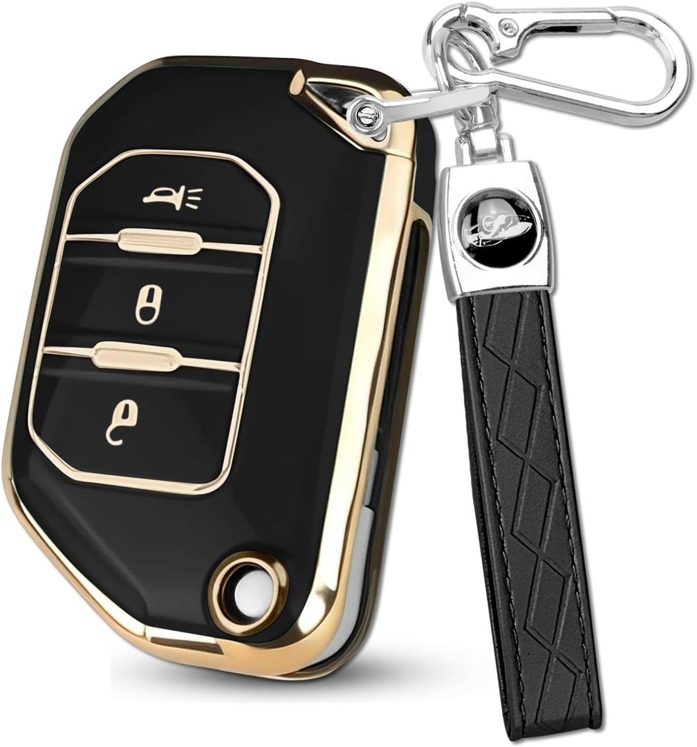 for Jeep Key Fob Cover, Premium Soft TPU Full Protection Key Case Compatible with Wrangler JL JLU Rubicon Sahara Sport S 4xe, Gladiator JT 3 Button Flip Remote Smart Key Shell (G-Black)