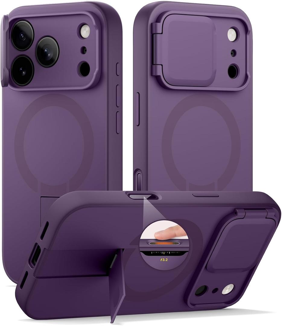 SURITCH for iPhone 17 Pro Case with Camera Control Cover, Camera Cover and Adjustable Kickstand, Compatible with MagSafe, Shockproof Bumper Protective Cases 6.3 Inch, Dark Purple