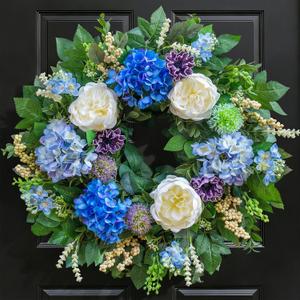 26 Inch Spring Wreaths for Front Door Outside Large Artificial Summer Wreath with Blue Hydrangea, White Peony Flowers and Eucalyptus Leaves Indoor Outdoor Porch Farmhouse Home Wall Décor