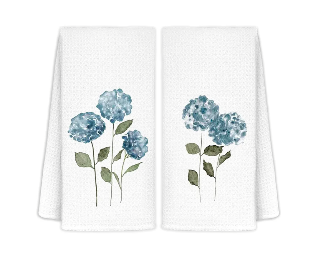 Blue Hydrangea Flowers Floral Kitchen Towels Set of 2 - Summer Flowers Decorative Hand Towels for Bathroom, Blue Hydrangea Decor Dish Towels for Kitchen, Floral Hand Towels, 16x24