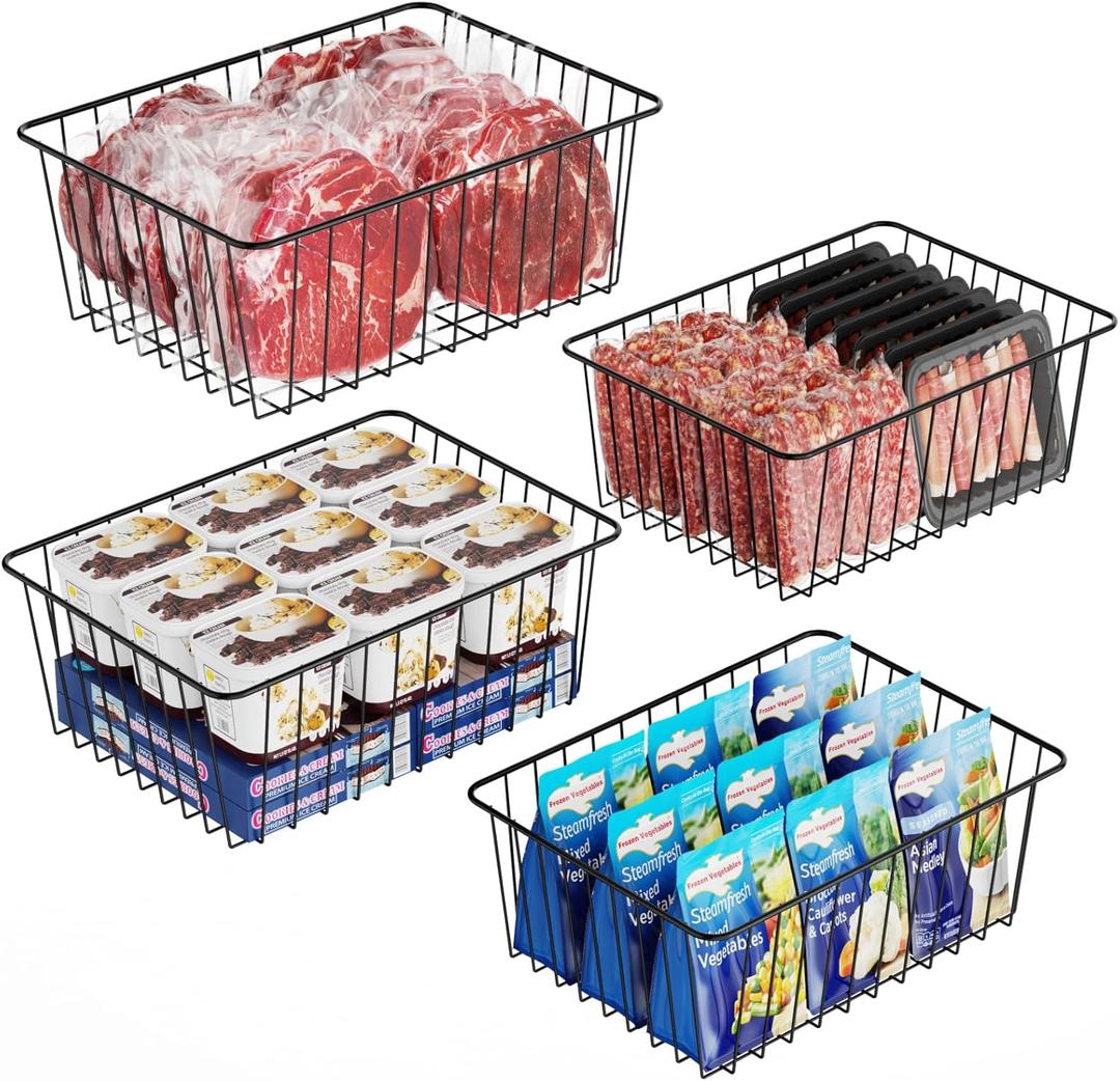 iSPECLE Upright Freezer Baskets - 4 Large Freezer Storage Basket for 8.5/11 / 11.4 cu.ft Freezer Easy Sort and Food No Longer Fall out, Upright Freezer Bins Allow Air Circulation, Black
