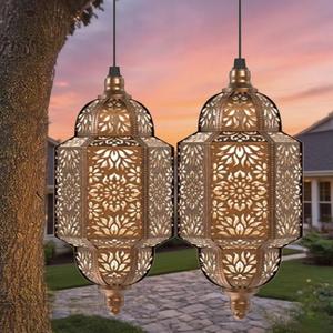 Specialityi Solar Lights, Moroccan Solar Lights Outdoor, Hanging Solar Lanterns, Decorative Solar Fire Bowl Lanterns, Ipx44 Waterproof, for Patio Pathway Yard Backyard Garden Decorative (2PCS-B)
