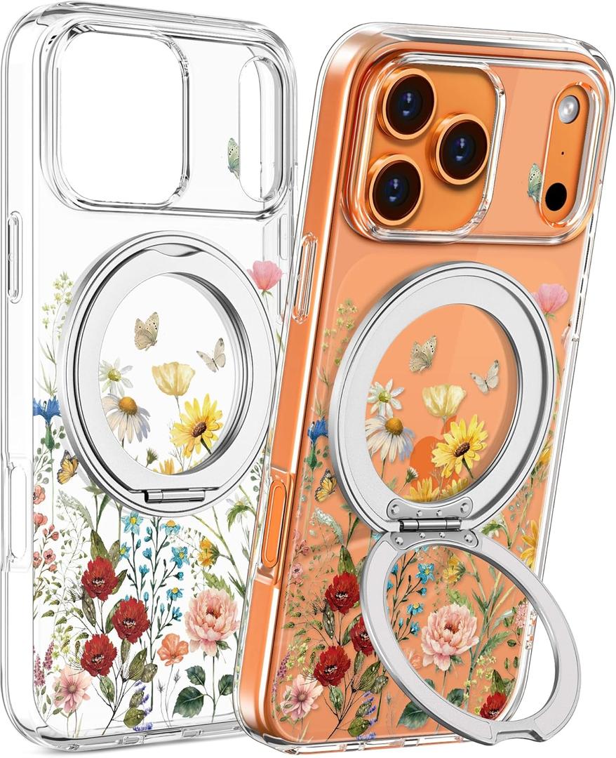 Loheckle for iPhone 17 Pro Max Case - Compatible with MagSafe Stand Women Girls Cute Clear Girly Aesthetic Kawaii Unique Design Soft TPU Built-in Magnetic Stand Phone Cover for Apple 17 Promax, Flower (Retro Floral)