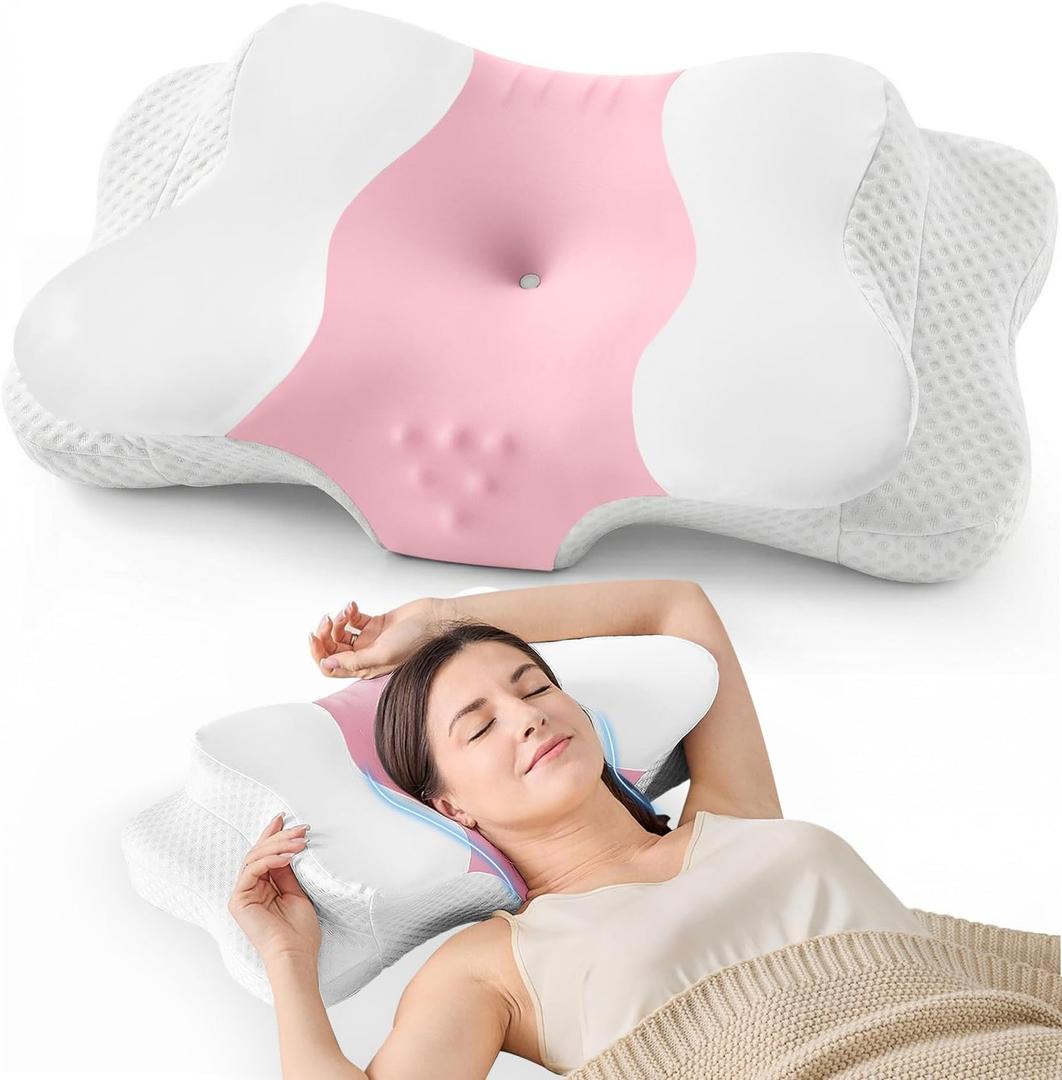 DISSA Cervical Neck Pillow for Side Sleepers Ergonomic Contour Memory Foam Pillow with Adjustable Orthopedic Neck Support for Pain Relief - Gift for Christmas & Birthdays - Pink