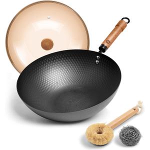 WANGYUANJI 12.6-Inch Wok Pan with Lid, Flat Bottom Wok with Detachable Wooden Handle, Compatible with All Stovetops