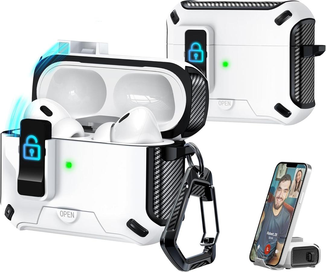 R-fun Compatible AirPods Pro 2nd Generation/1st Generation Headphone Cases, Fully Drop Proof Auto Eject Protective Cover Design, New Charging Port Dust and Stand Design,Black+White