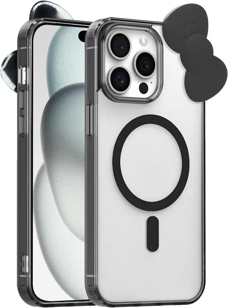 Cute Cartoon 3D Bowknot Design Compatible for iPhone 16 Pro Case, Kawaii Fun Design Transparent Magnetic Shockproof Protective case for Boys and Girls for iPhone 16 Pro 6.3" 2024 (Black)