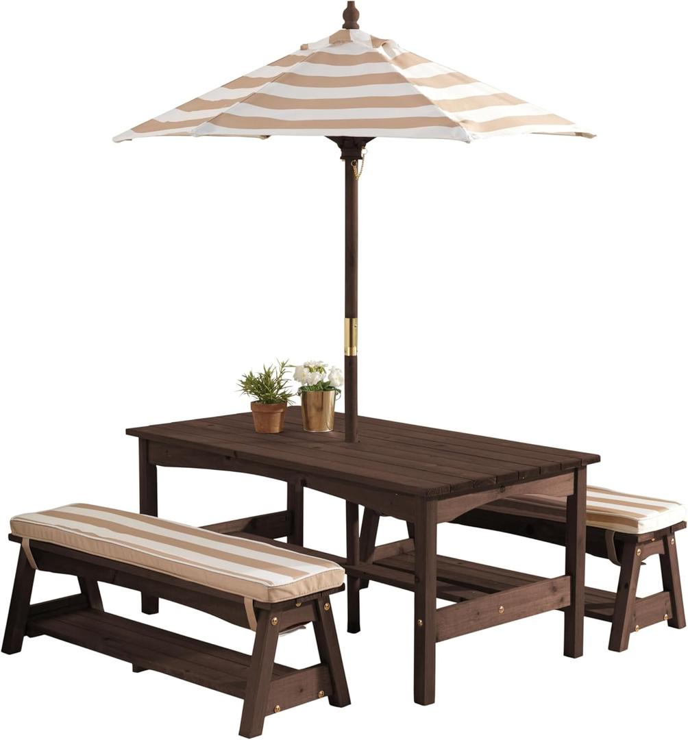 KidKraft Outdoor Wooden Table & Bench Set with Cushions and Umbrella, Kids Backyard Furniture, Espresso with Oatmeal and White Stripe Fabric, 42.25" x 22.75" x 19"
