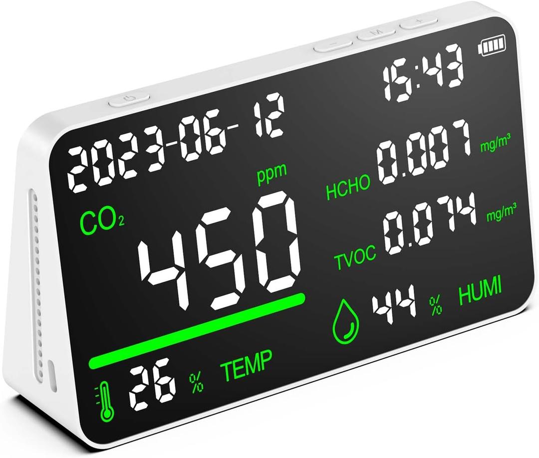 CIS 7-in-1 Air Quality Monitor, Indoor Humidity Monitor, Temperature, CO2, TVOC, HCHO, Time, Date Display Desktop Air Quality Tester, Air Quality Meters for Home Office Hotel Restaurant School