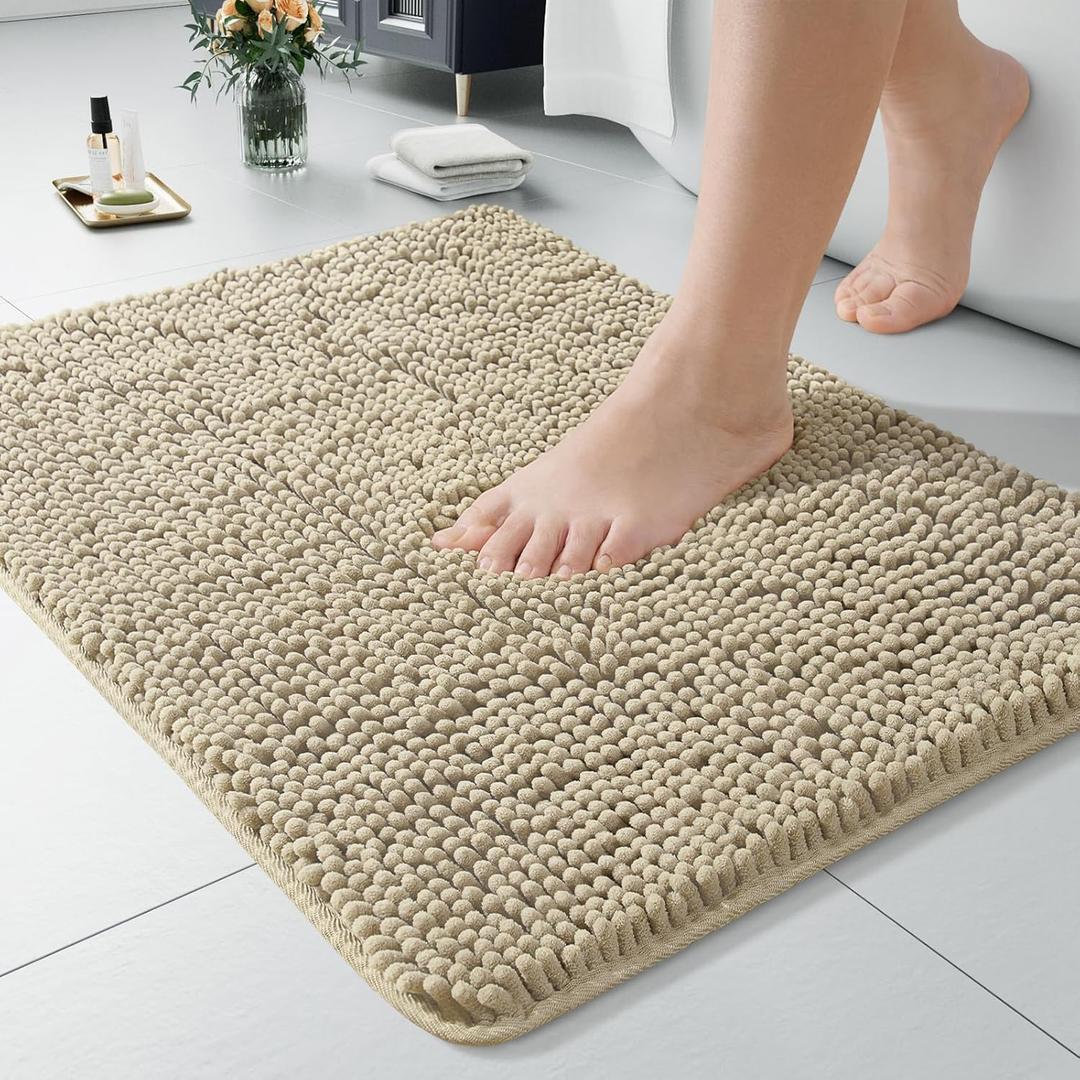 LOCHAS Luxury Bathroom Rug Shaggy Bath Mat 24 x 17 Inch, Washable Non Slip Bath Rugs for Bathroom Shower, Soft Plush Chenille Absorbent Carpets Mats, Beige