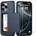 for iPhone 16 Pro Wallet Case with Card Holder + 2 Tempered Glass Screen Protector Protective Shockproof Hidden Card Slot Slim Case Women Men iPhone 16 Pro 6.3 2024 (Blue)