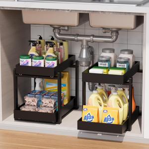 Bamboo Wood Under Sink Organizer 2 Pack, Pull Out Cabinet Organizer 2 Tier Under Sink Organizers and Storage with Sliding Drawer Sturdy Easy Assembly for Kitchen Bathroom (Black)