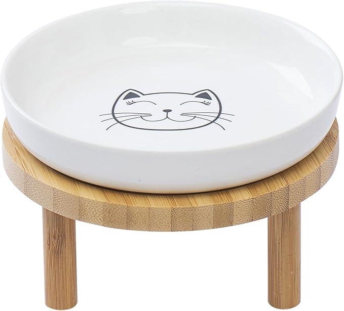 Lusifaco Shallow Elevated Cat Bowls,5.9 Inch Wide Raised Ceramic Cat Dishes with Bamboo Stand, Whisker Friendly Pet Water or Food Plates Feeding Station for Indoor Cats, Kitten(White,Set of 1)