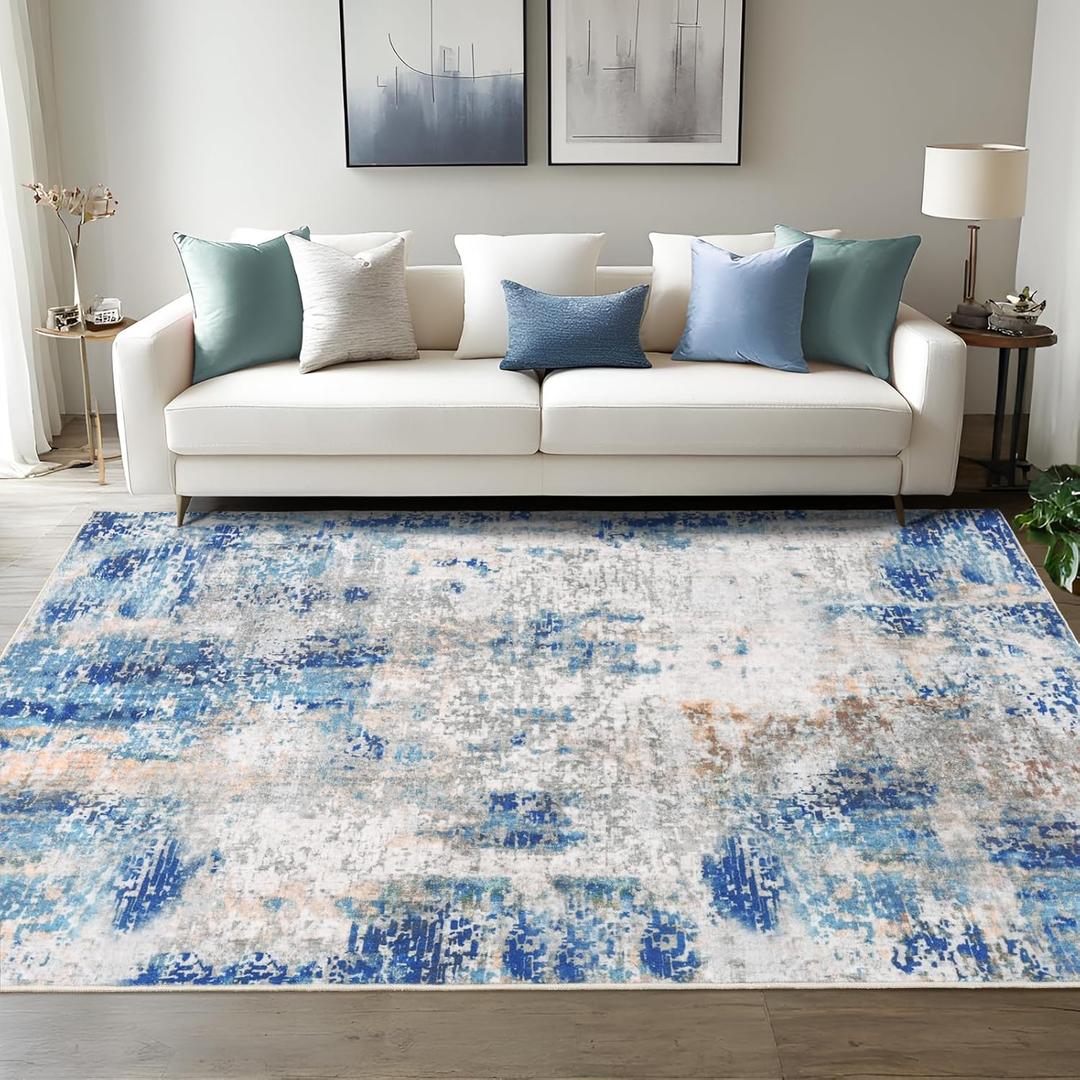 Merelax 4x6 Washable Area Rug for Living Room, Blue Boho Abstract Bedroom Area Rugs, Non Slip Entryway Rug, Low Pile Carpet for Kitchen Dining Room Study Office Kids Room