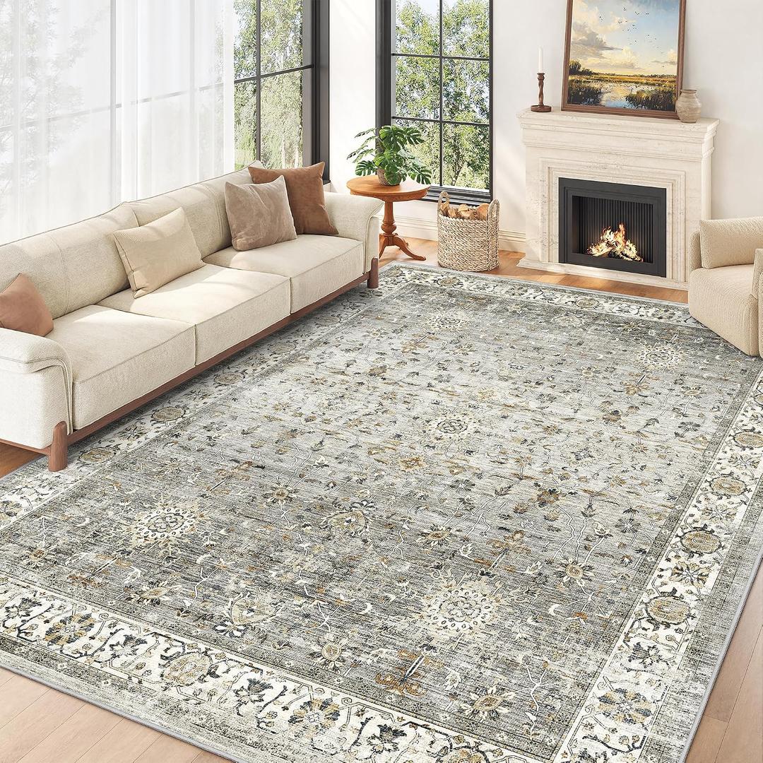 8x10 Area Rugs for Living Room, Machine Washable Non Slip Vintage Rug, Non-Slip Stain Resistant, Large Soft Home Decor Rug for Bedroom Dining Room (Ivory/Grey,8'x10')