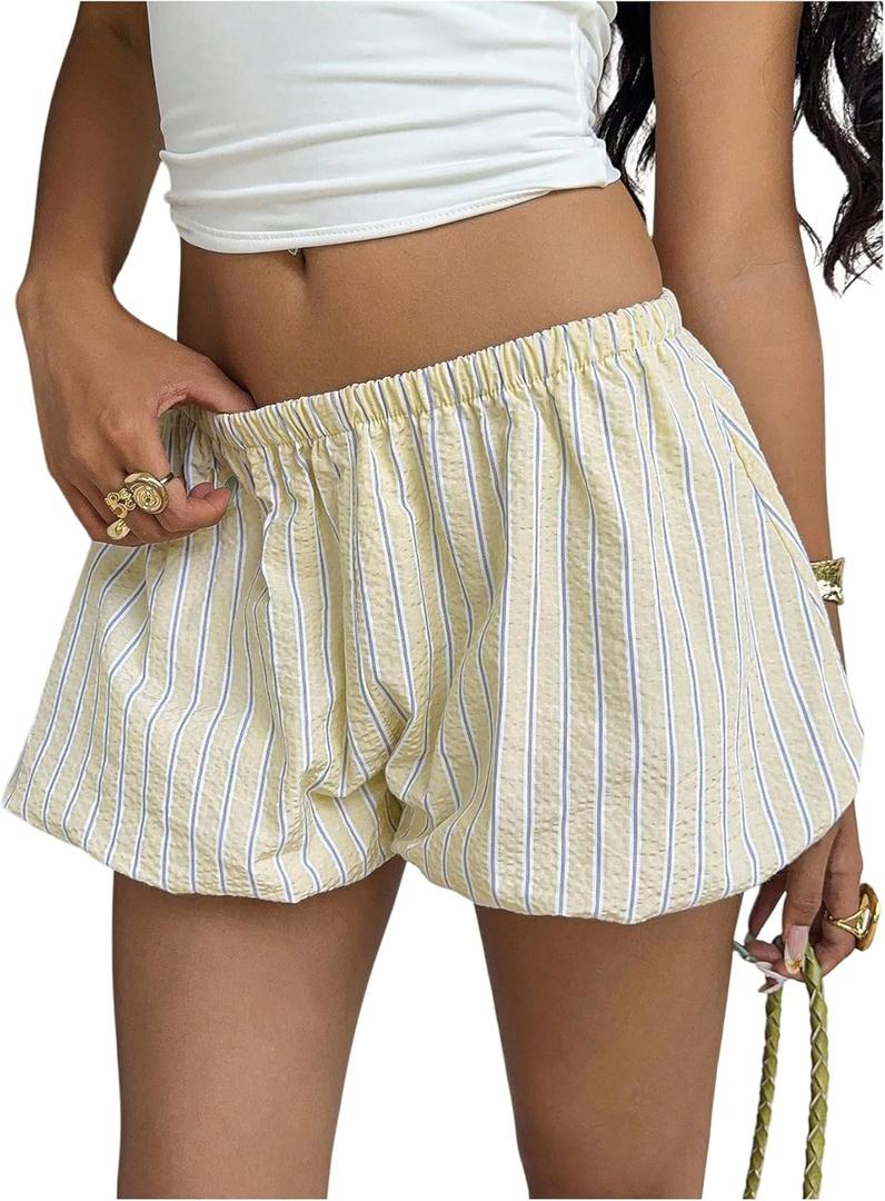Milumia Women's Striped Bubble Shorts Elastic Waist Mini Low Rise Loose Fit Bloomers (Yellow, XS)