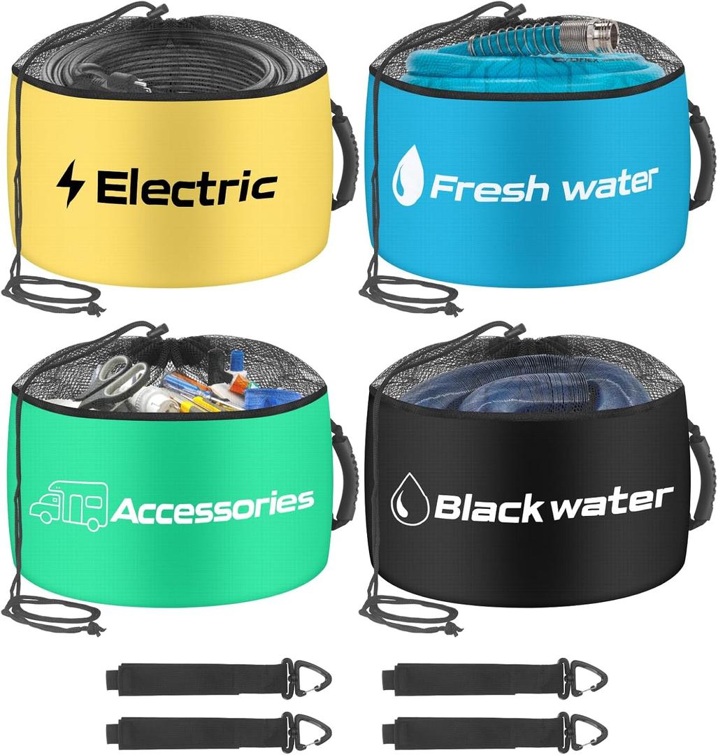 BOYISEN RV Storage Bags 4 Pack, Waterproof RV Sewer Hose Storage, RV Utility Bag Organizer, RV Hose Storage Bag for Power Cords, Fresh/Black Water Hoses and RV Accessories (Drawstring)
