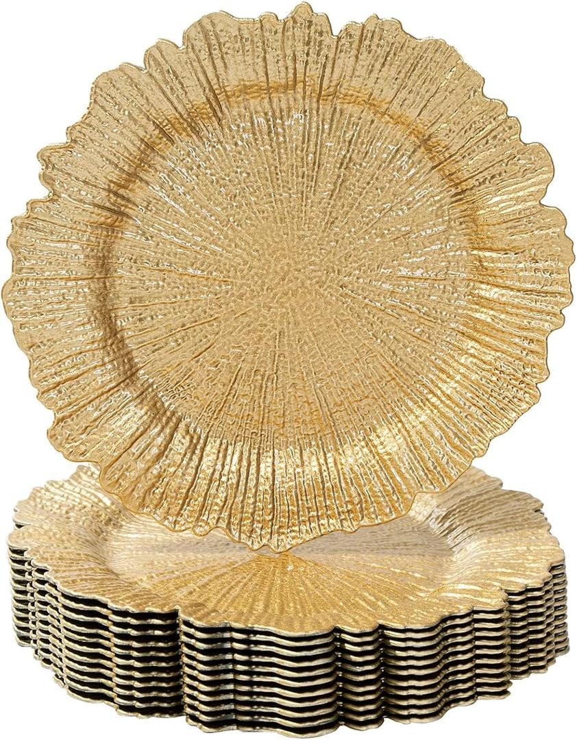 MAONAME Gold Charger Plates Set of 12, Reef Plate Chargers for Dinner Plate, Round Plastic Table Chargers for Thanksgiving, Christmas, 13-inch