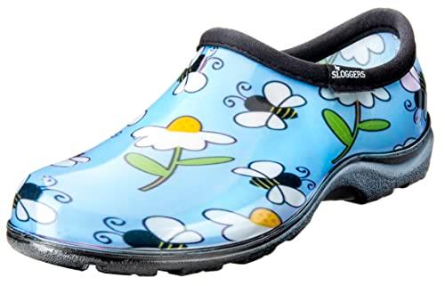 Sloggers Original Waterproof Rain and Garden Shoe for Women– Outdoor Slip-On Garden Clog - Made in The USA with Premium Comfort Insole and Arch Support - Lt Blue Bee Print, Size 10