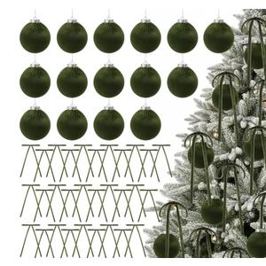 Riceshoot 45 Pcs 3.15 Inch Velvet Christmas Tree Ornaments Set Include 15 Christmas Balls and 30 Vintage Bows Hanging Ornaments for Xmas Tree Door Garland Holiday Anniversary Party(Moss Green)