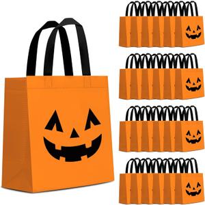 KERINGO 24 PCS Halloween Candy Bags Reusable Non Woven Treat Gift Bags Pumpkin Tote with Handles Bulk For Halloween Themed Trick or Treat Party Favors Supplies
