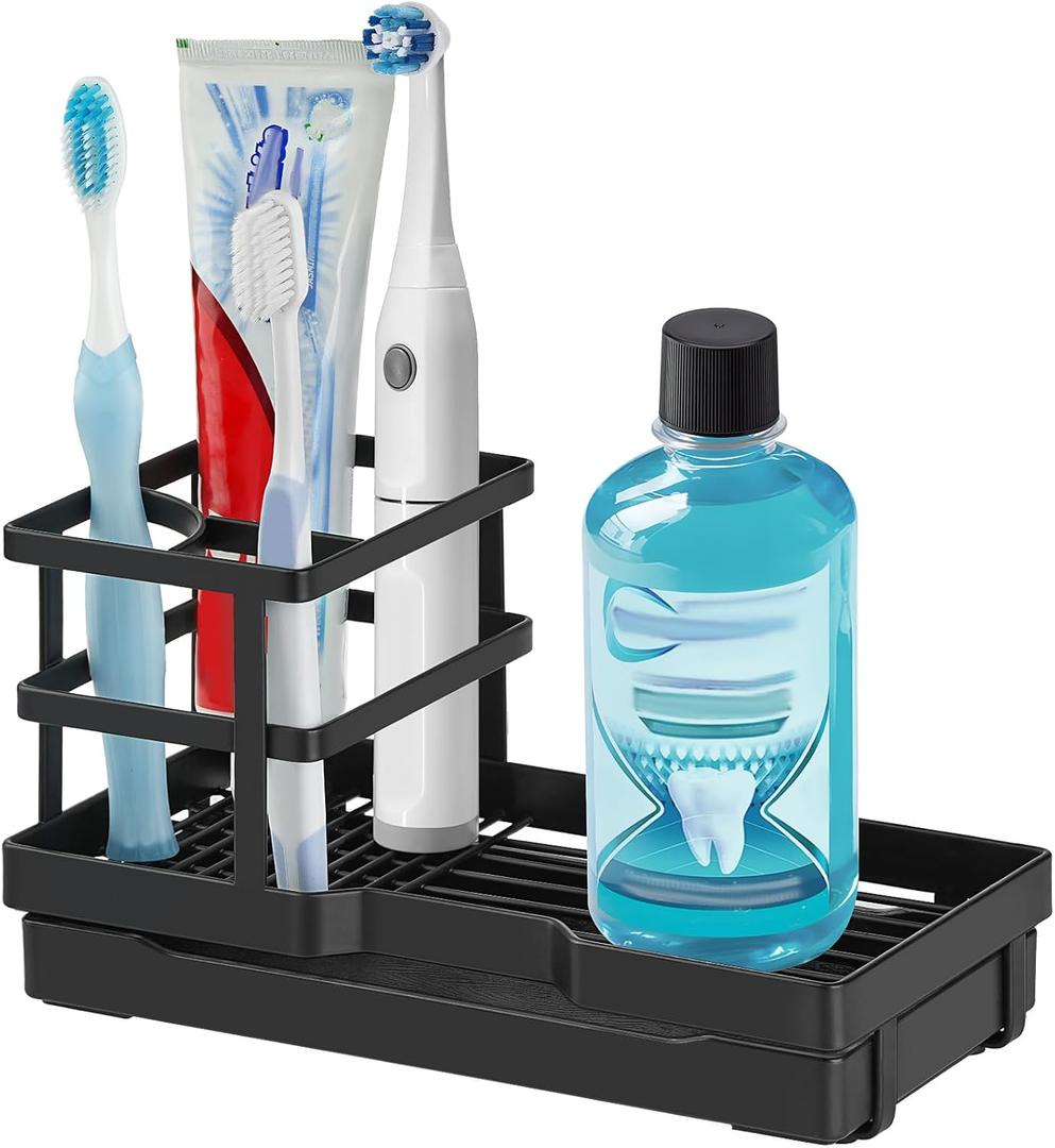 MYITYARD Toothbrush Holders, Metal Tooth Brush Holder for Bathroom with Drainage, Countertop Electric Toothbrush and Toothpaste Organizer, Bathroom Accessories, Black