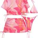 SHENHE Women's 4 Pieces Thong Swimsuits Halter Triangle Bikini Set with Cover Up Top and Skirt (Large, Pink)