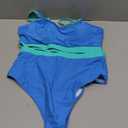 Women's High Waisted Bikini Sets Sporty Crop Top Color Block Swimwear Bandeau Scoop Neck Vintage Two Piece Bathing Suits (Large, Blue)