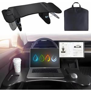 2 in 1 Car Tray for Tesla Model Y, Car Steering Wheel Desk, Car Desk for Laptop Car Mount with Pen Holder, Car Food Tray for Eating with Drinks Holder, Multipurpose Travel Car Accessories (Extra Large, Black)