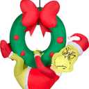 Gemmy Christmas Airblown Inflatable Grinch Hanging from Wreath Dr. Seuss, 4 ft Tall, Green