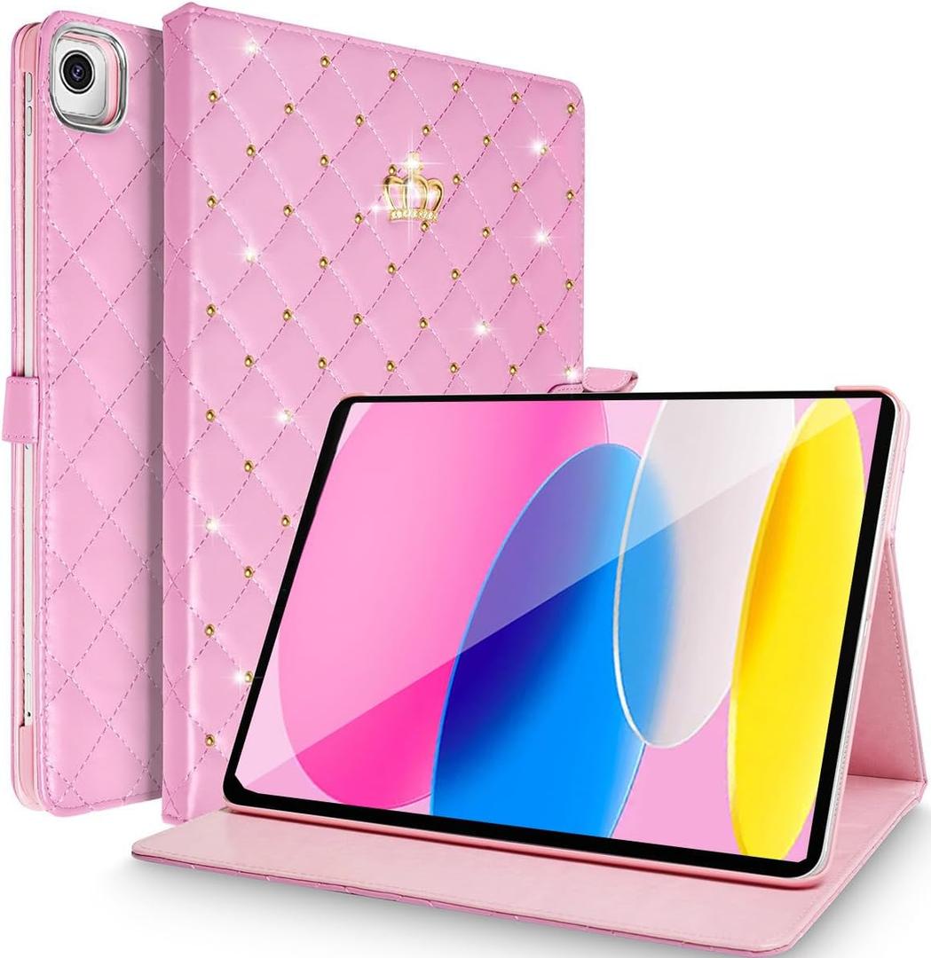 Changjia for iPad 10.2 Case 9th/8th/7th Generation (2021/2020/2019), Crown Bling Diamond Cute Elegant PU Leather Smart Auto Sleep/Wake Stand Shockproof Protective Case for Apple iPad 10.2 inch (Pink)