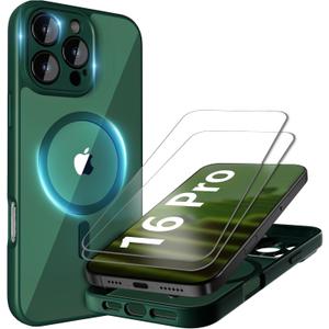 Cufelf Magnetic for iPhone 16 Pro Case(Compatible with Magsafe) Full Camera Protection,2+Full Coverage Screen Protector,Translucent Matte,Military Drop Protection Phone Case,6.3",Green