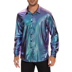 Zando Mens Disco Shirt Outfit Retro 70s Shirts for Men Sequin Glitter Long Sleeve Button Down Disco Outfits Party Costume (XXL)