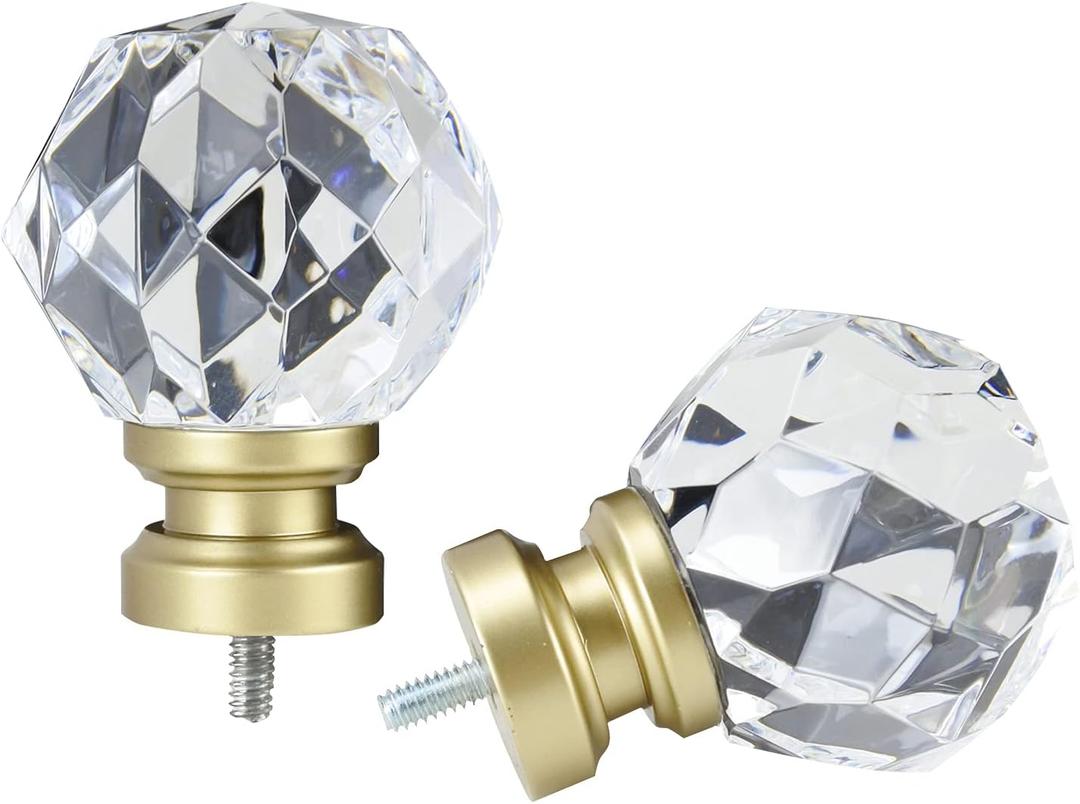 Decorative Curtain Rod Finials Luxury Crystal-clear Faceted, Round, Set of 2, Compatible with 1'' or 1-1/8'' dia curtain rod, Standalone finial pair,Gold