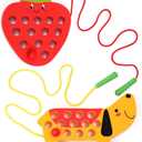 Wooden Lacing Threading Toys Fine Motor Skill Toys for 3 Year Old Educational and Learning Montessori Toddler Travel Toy 1 Strawberry and 1 Dog