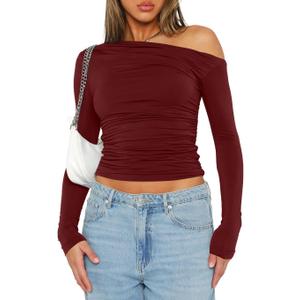 Darong Women's Casual Boat Neck Off Shoulder Long Sleeve Slim Fit Crop Top Going Out Shirts Y2K Tight T Shirts 9026, Wine Red XL