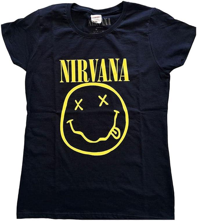 Nirvana T Shirt Yellow Smile Band Logo Official Womens Junior Fit Navy Blue Size L