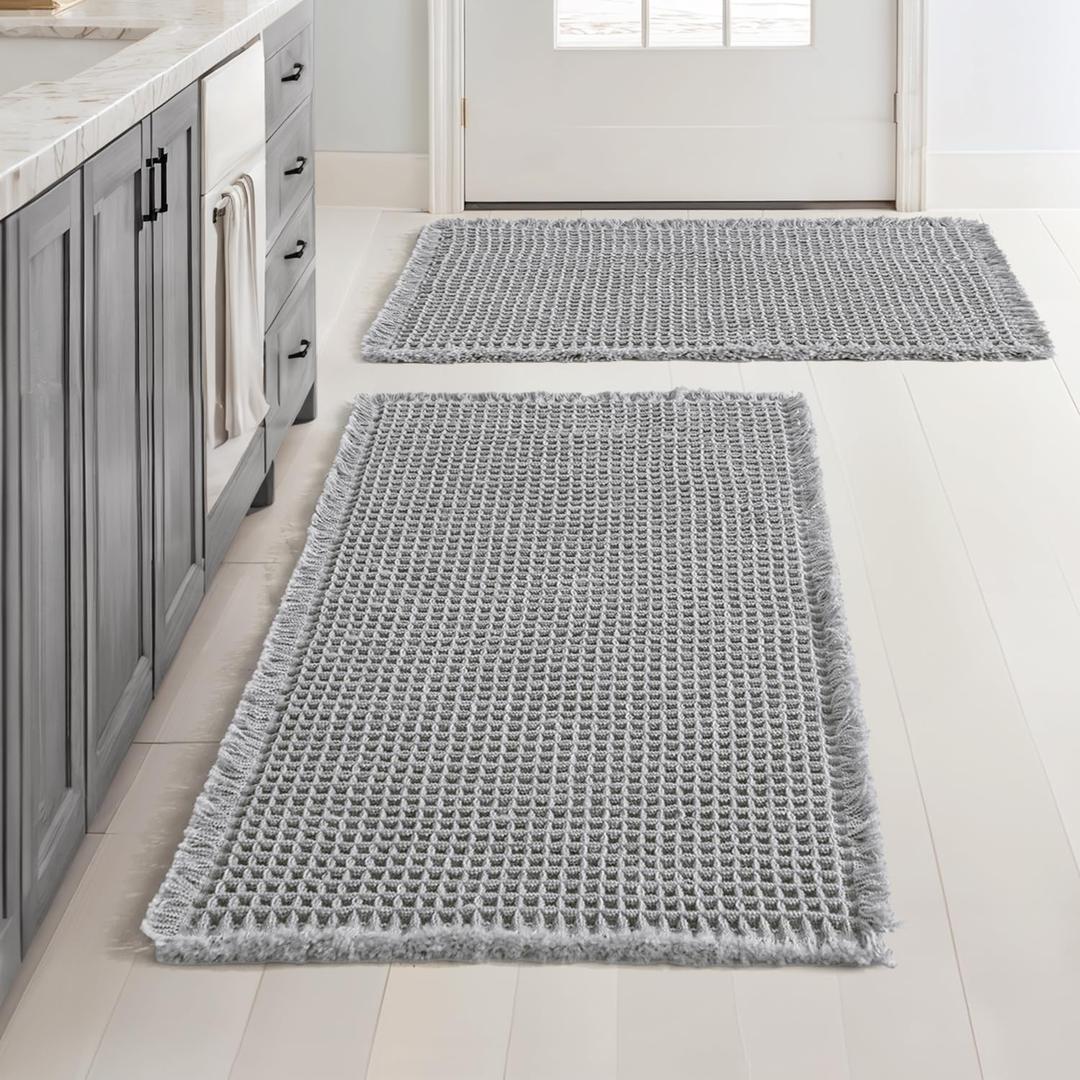 MIULEE Set of 2 Waffle Bathroom Rugs, Boho Bath Rugs Non Slip Washable, Super Absorbent Bath Mats, Ultra Soft Rubber Backed Shower Mats for Bathroom Floor, Tub and Shower, Light Grey, 18x30 Inch