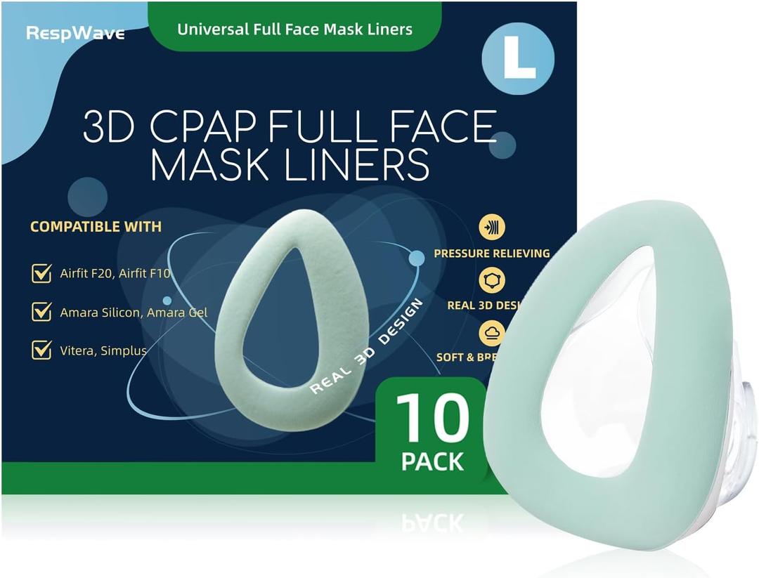 10-Pack Large Cpap Mask Liners Full Face Masks Cushion Cover for ResMed F20/F10 F&P Simplus & Vitera Philips Amara Series Reduces Air Leaks & Pressure Marks Liner CPAP Supplies(Cushions NOT Included) (Green)