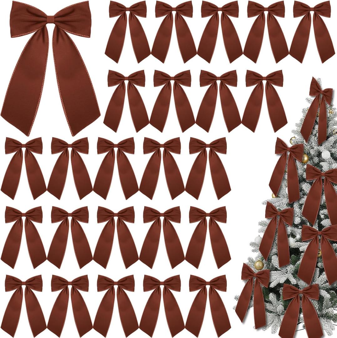 Riceshoot 24 Pcs 10 x 16 Inch Large Bows Valentine's Day Tree Decorations Velvet Ribbon Tree Topper Velvet Wreath Bows with Wired Edge for Valentines Home Fireplace Indoor Outdoor Decor (Brown)