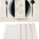 D'Moksha Homes Light Natural Linen Cloth Placemats Set of 4-100% Pure Linen Hemstitch Placemats 14 x 19 Inch - Classic Hemstitch Table Place Mats for Christmas - Handcrafted, Machine Washable