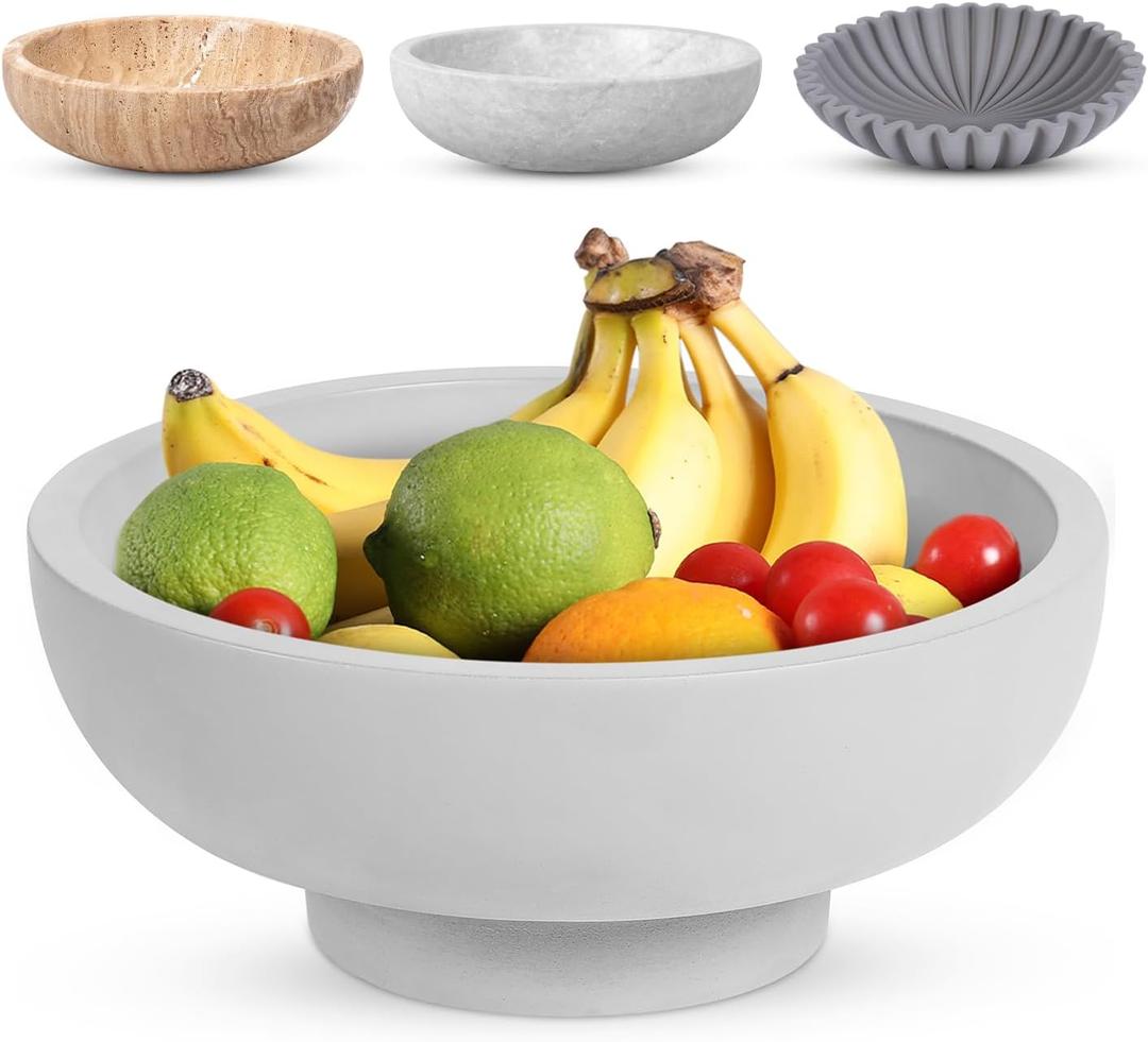 Concrete Fruit Bowl - 10.5 Diameter & 4.25 Height - Modern Key Bowl for Entryway Table - Decorative Pedestal Centerpiece - Grey (Grey - Modern)