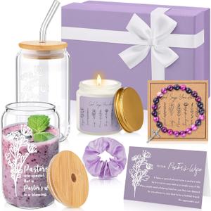 8 Pcs Christmas Pastor's Wife Appreciation Gifts Box with Glass Cup Candle Bracelet Hair Scrunchy Card Christian Religious Inspirational Thank You Gifts for Pastors Bishop Wife Women(Purple)