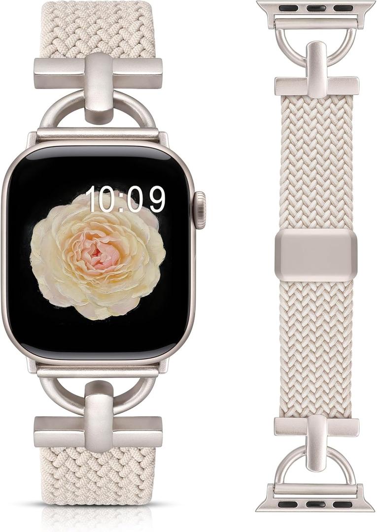 Wearlizer Braided Magnetic Band Compatible with Apple Watch Bands 42/46/38/40/41/44/45/49mm Women Men, Designer D-Shape Stretchy Elastic Nylon Strap for iWatch Series 11 10 9 8 7 6 5 4 SE/Ultra 3 2 1 (Starlight/Starlight)