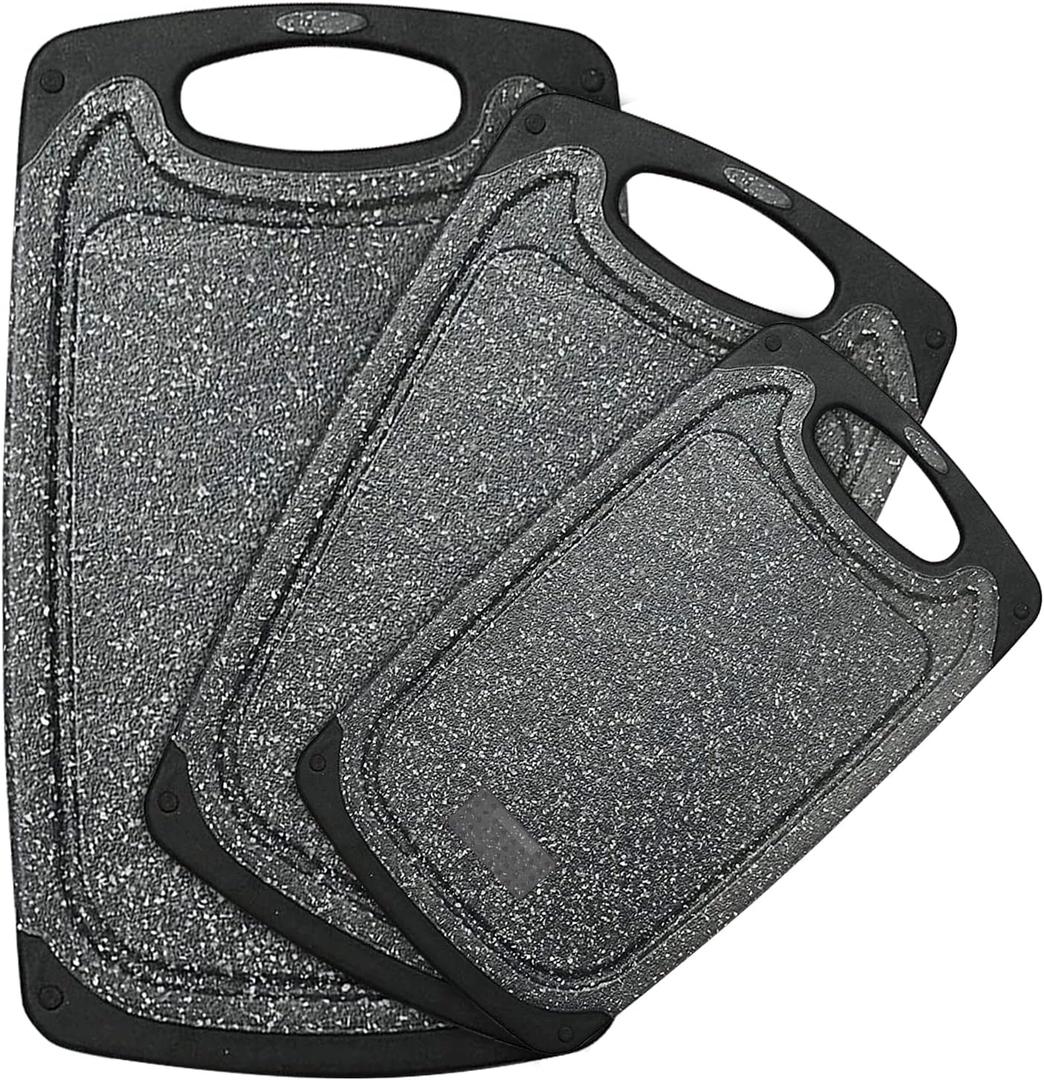 Plastic Cutting Board, 3 Pieces Dishwasher Safe Cutting Boards with Juice Grooves, Easy Grip Handle, Non-Slip, with Grinding Area for Grinding Garlic and Ginger, Dark Grey, XL