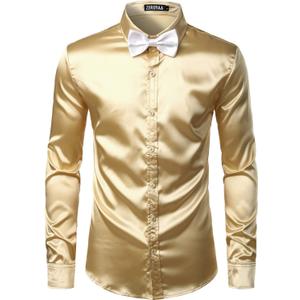 ZEROYAA Men's Luxury Shiny Silk Like Satin Button Up Dress Shirts (3X-Large, Champagne)