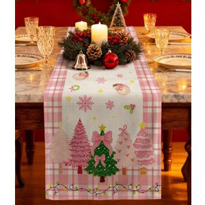 Pink Plaid Christmas Table Runner - 13x90 Santa Claus Christmas Tree Table Runner with Snowflake Merry Xmas Decor, Vintage Farmhouse Winter Decoration for Home Kitchen Dinner Party