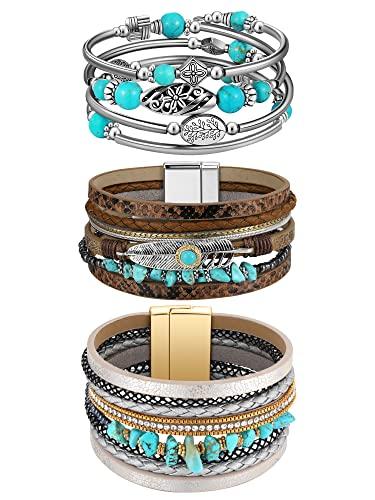 Inbagi Turquoise Bracelet for Women Leather Bracelet Western Jewelry for Women (Vintage), Pack Of 2 Inbagi Turquoise Bracelet for Women Leather Bracelet Western Jewelry for Women (Vintage), Pack Of 2