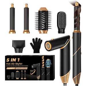 5 in 1 Blow Dryer Brush,Hair Dryer Brush with Detachable Air Styler,Negative Ionic Magic Hair Styler,Hot Air Brush for Women Volumizer,Straightener,Drying (Black Gold)