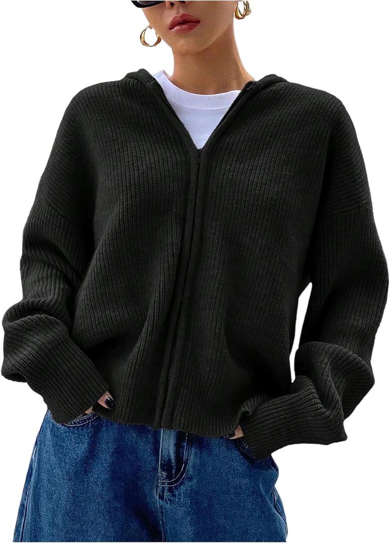 SOLY HUX Zip Up Cardigan for Women Hooded Cardigan Sweater Knitted Drop Shoulder Fall Clothes Winter Hoodies Outerwear Plain, Black Small